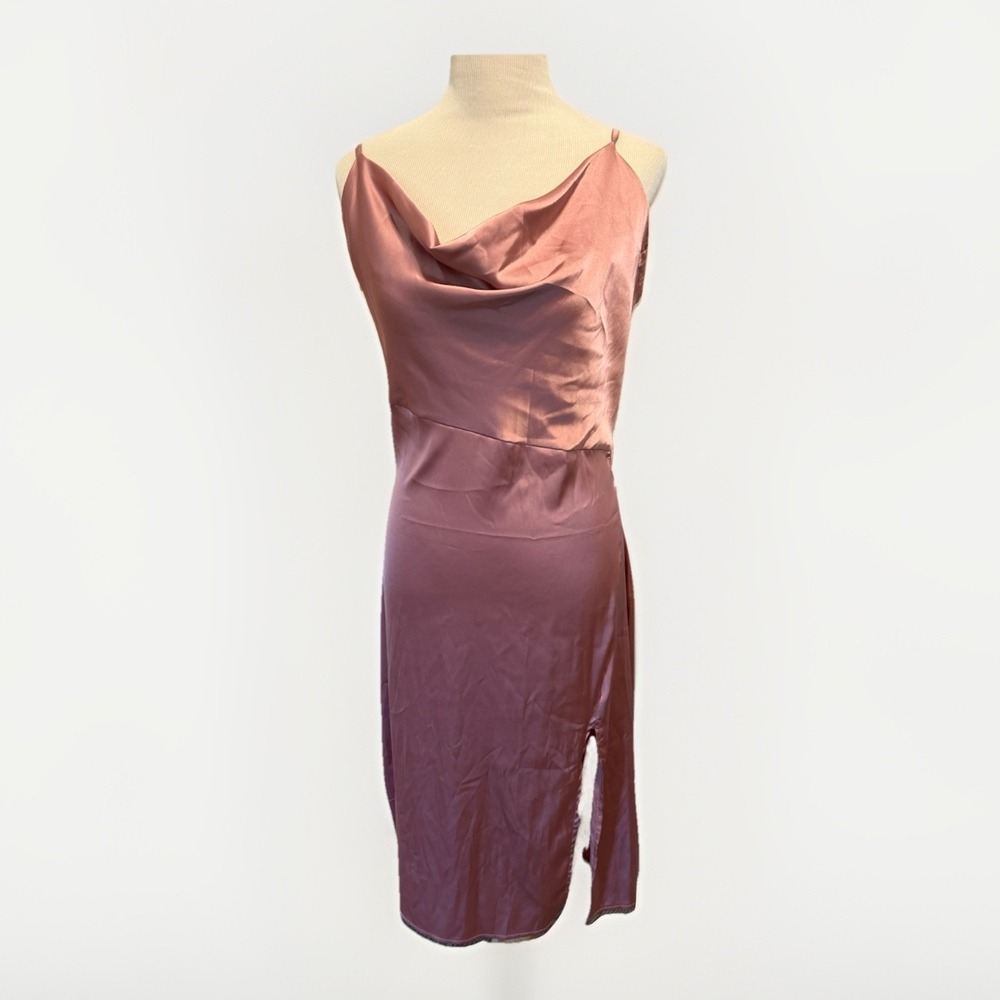 LYANER Satin Drape Cowl Neck Cami Split Slit Midi Dress Large